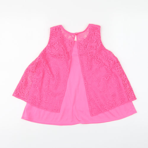 YD Girls Pink Geometric Polyester Basic Tank Size 10-11 Years Round Neck Button