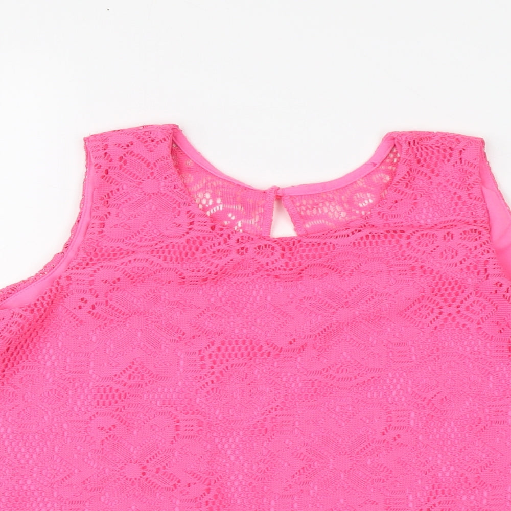 YD Girls Pink Geometric Polyester Basic Tank Size 10-11 Years Round Neck Button