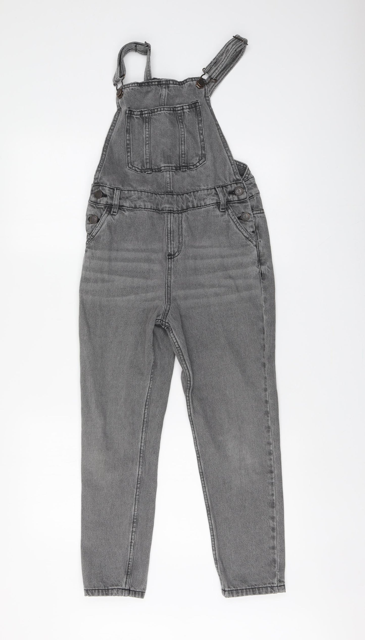 Marks and Spencer Girls Grey Cotton Dungarees Trousers Size 10-11 Years Regular Button
