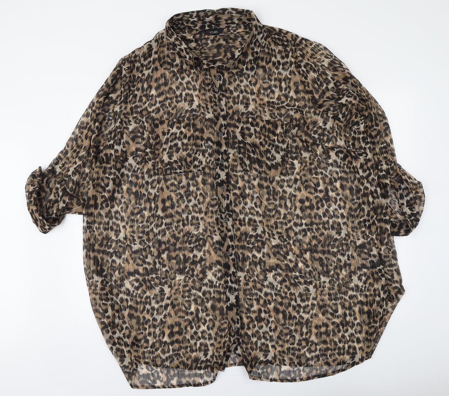 Yours Womens Brown Animal Print Polyester Basic Button-Up Size 28 Collared