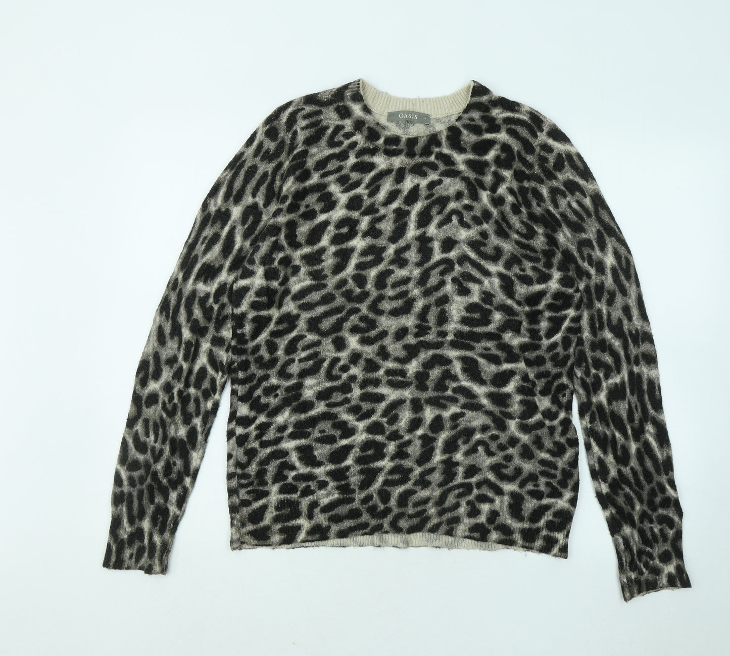 Oasis Womens Black Round Neck Animal Print Acrylic Pullover Jumper Size M
