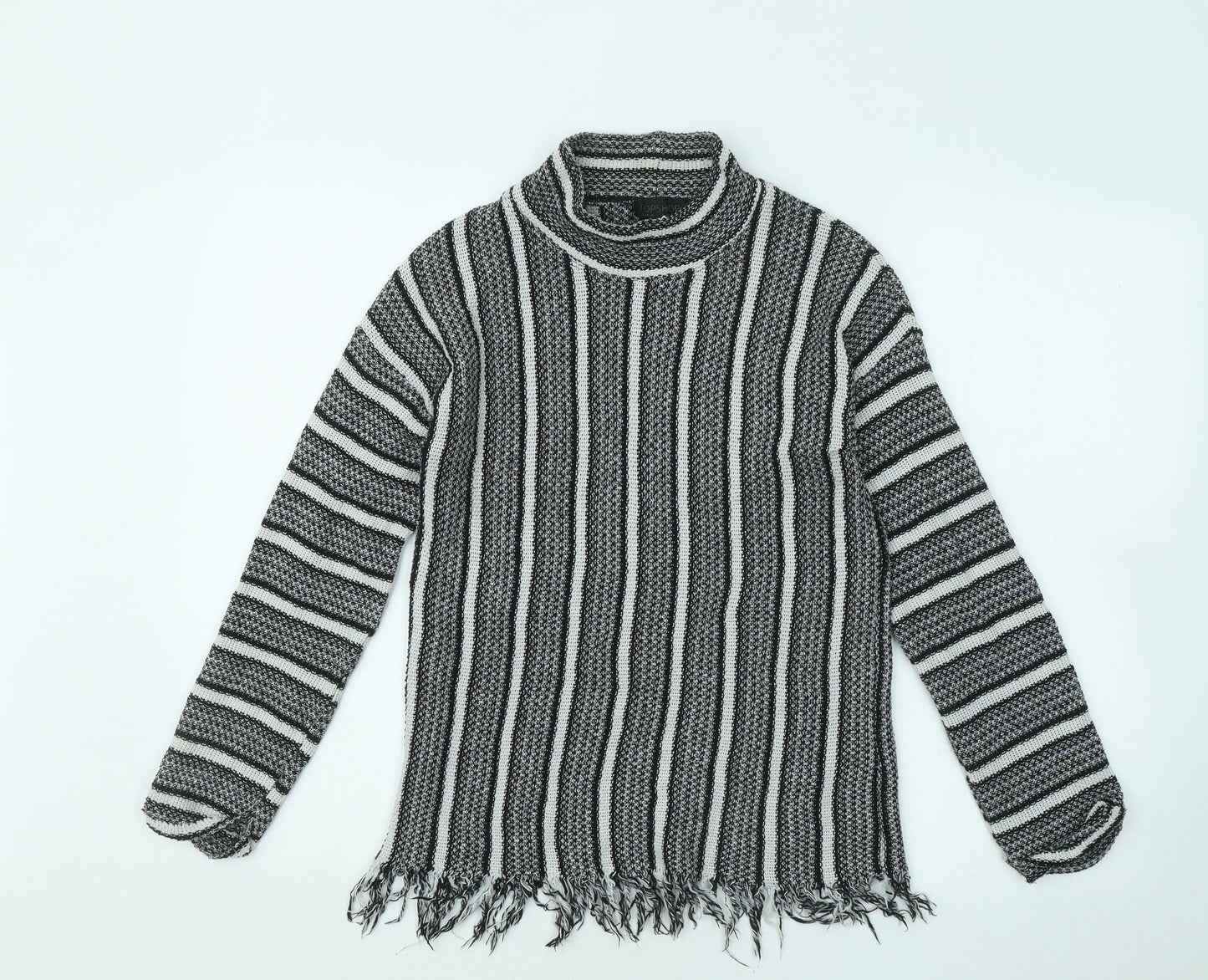 Topshop Womens Black Mock Neck Striped Polyester Pullover Jumper Size 10