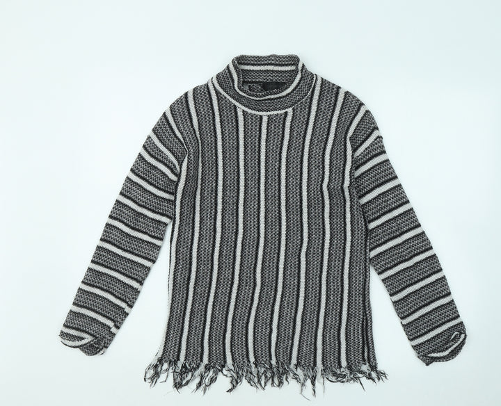 Topshop Womens Black Mock Neck Striped Polyester Pullover Jumper Size 10