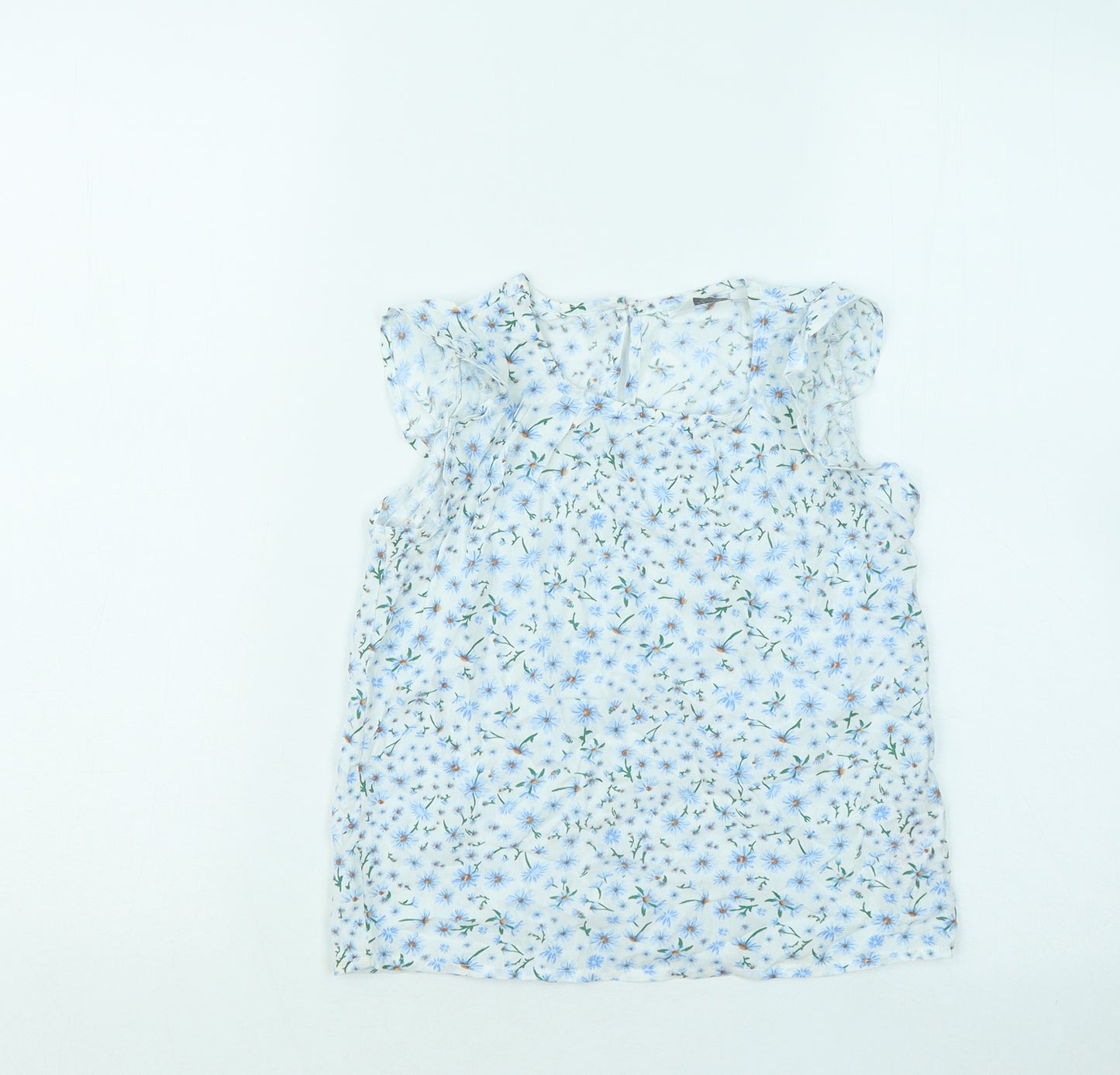 Primark Girls Blue Floral Viscose Basic T-Shirt Size 6-7 Years Round Neck Button