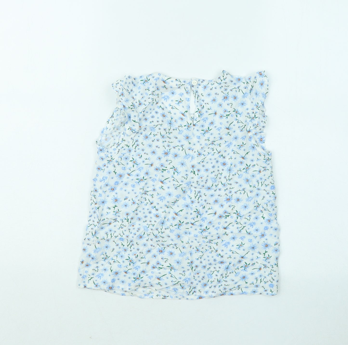 Primark Girls Blue Floral Viscose Basic T-Shirt Size 6-7 Years Round Neck Button