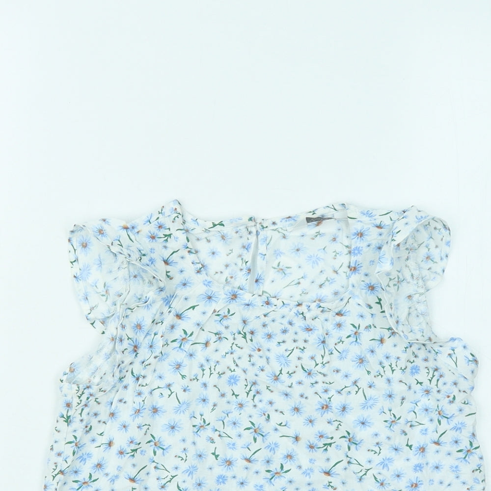 Primark Girls Blue Floral Viscose Basic T-Shirt Size 6-7 Years Round Neck Button