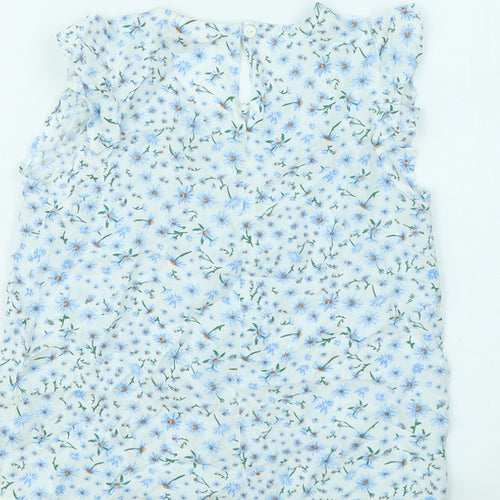Primark Girls Blue Floral Viscose Basic T-Shirt Size 6-7 Years Round Neck Button