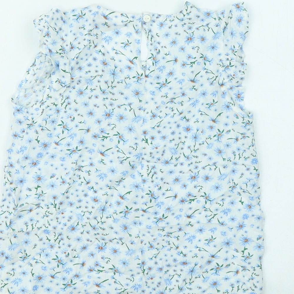 Primark Girls Blue Floral Viscose Basic T-Shirt Size 6-7 Years Round Neck Button