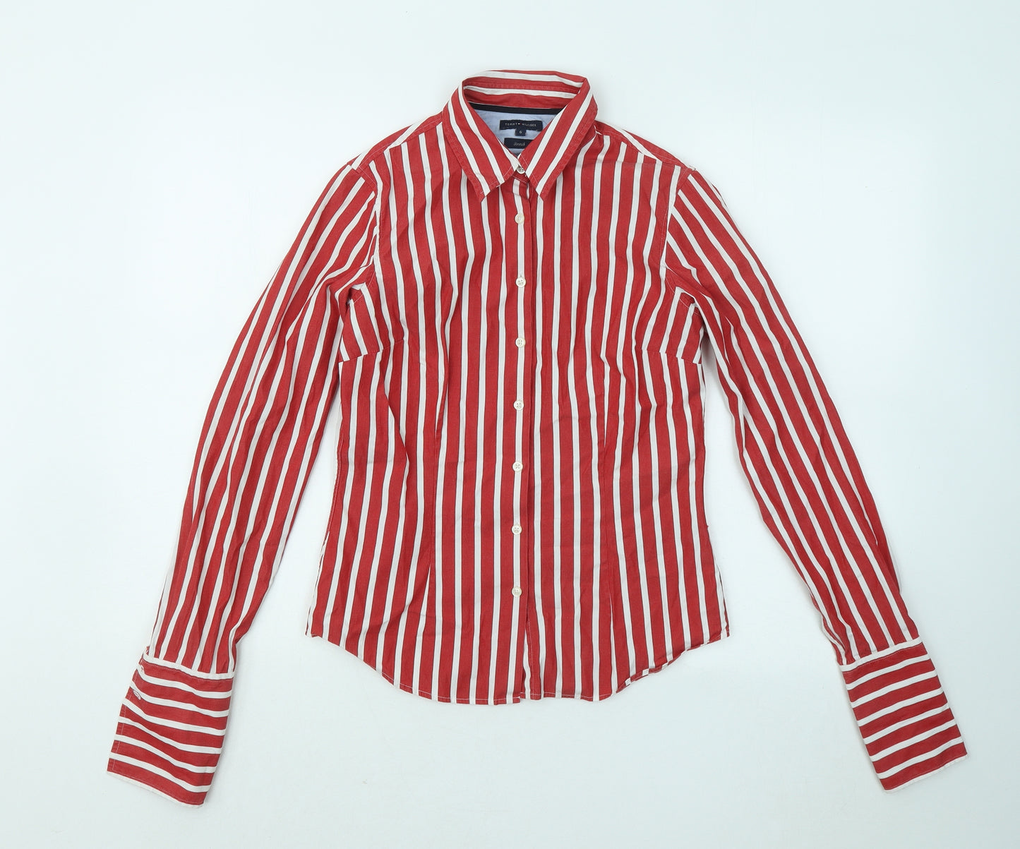Tommy Hilfiger Womens Red Striped Cotton Basic Button-Up Size 6 Collared