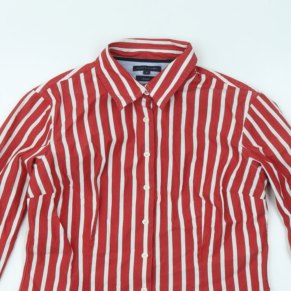Tommy Hilfiger Womens Red Striped Cotton Basic Button-Up Size 6 Collared