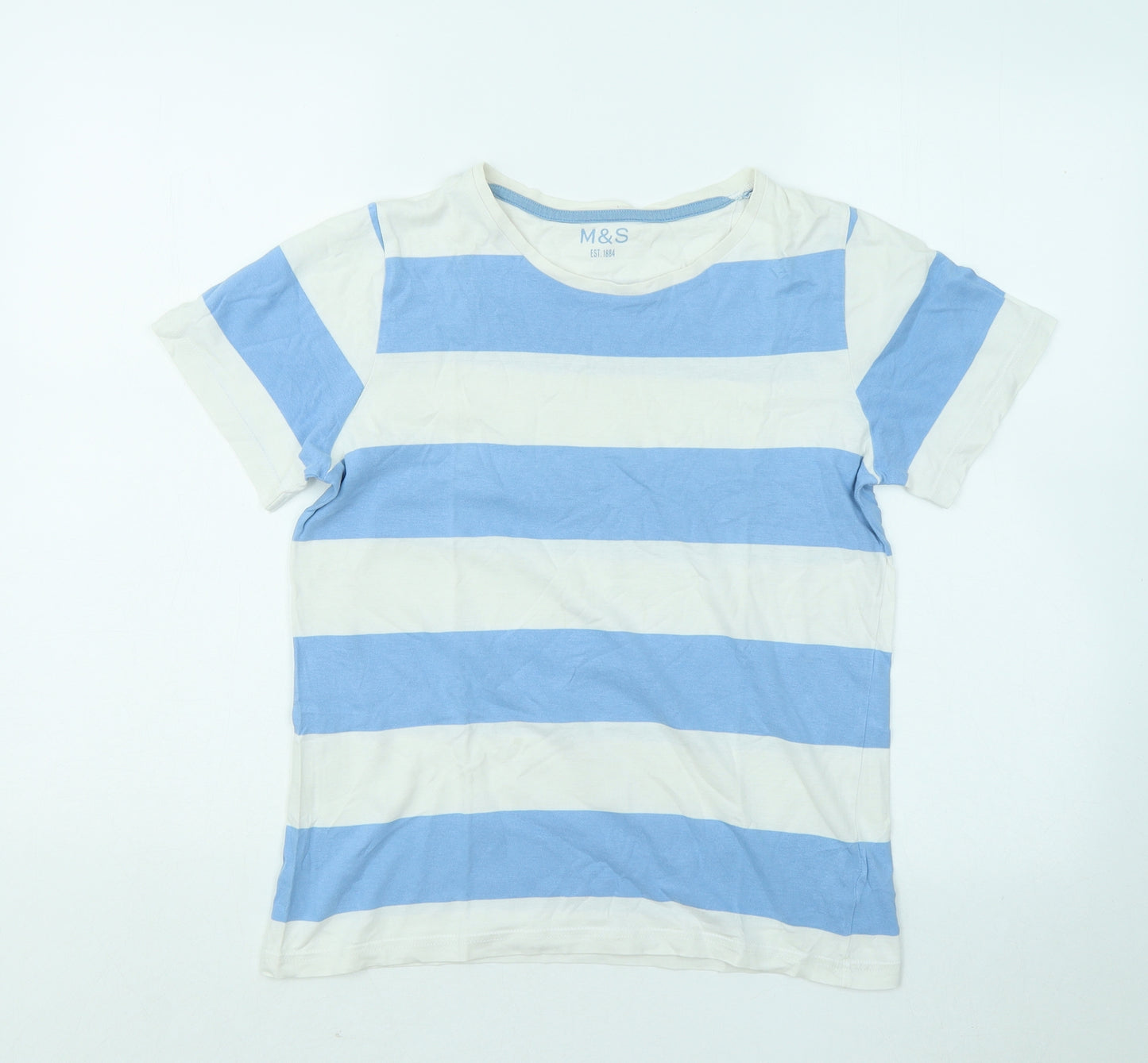 Marks and Spencer Boys Blue Striped Cotton Basic T-Shirt Size 11-12 Years Round Neck Pullover