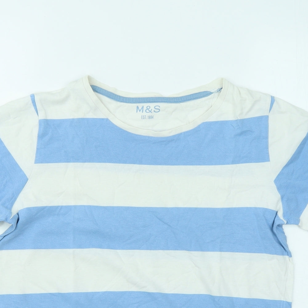 Marks and Spencer Boys Blue Striped Cotton Basic T-Shirt Size 11-12 Years Round Neck Pullover