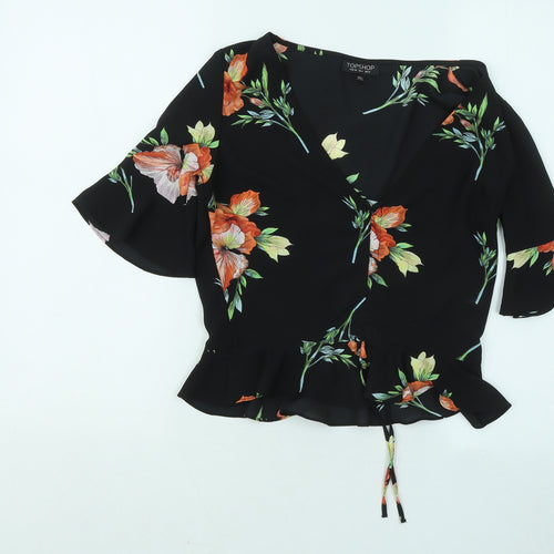 Topshop Womens Black Floral Polyester Basic T-Shirt Size 8 V-Neck