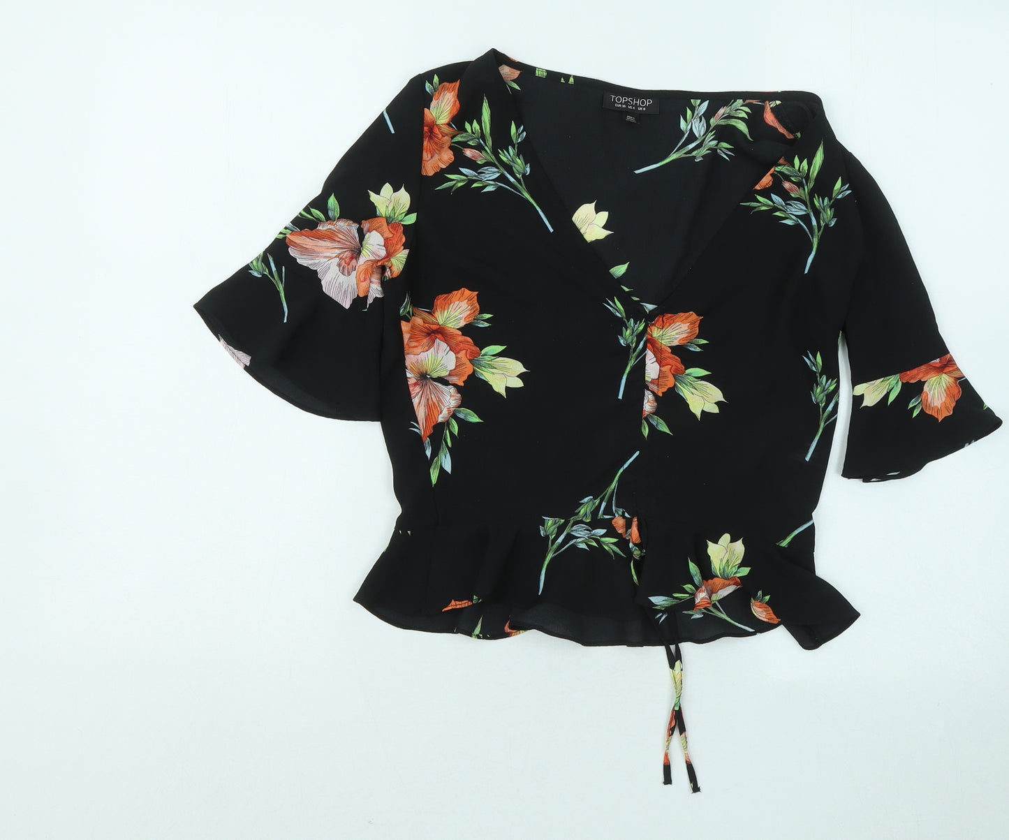 Topshop Womens Black Floral Polyester Basic T-Shirt Size 8 V-Neck