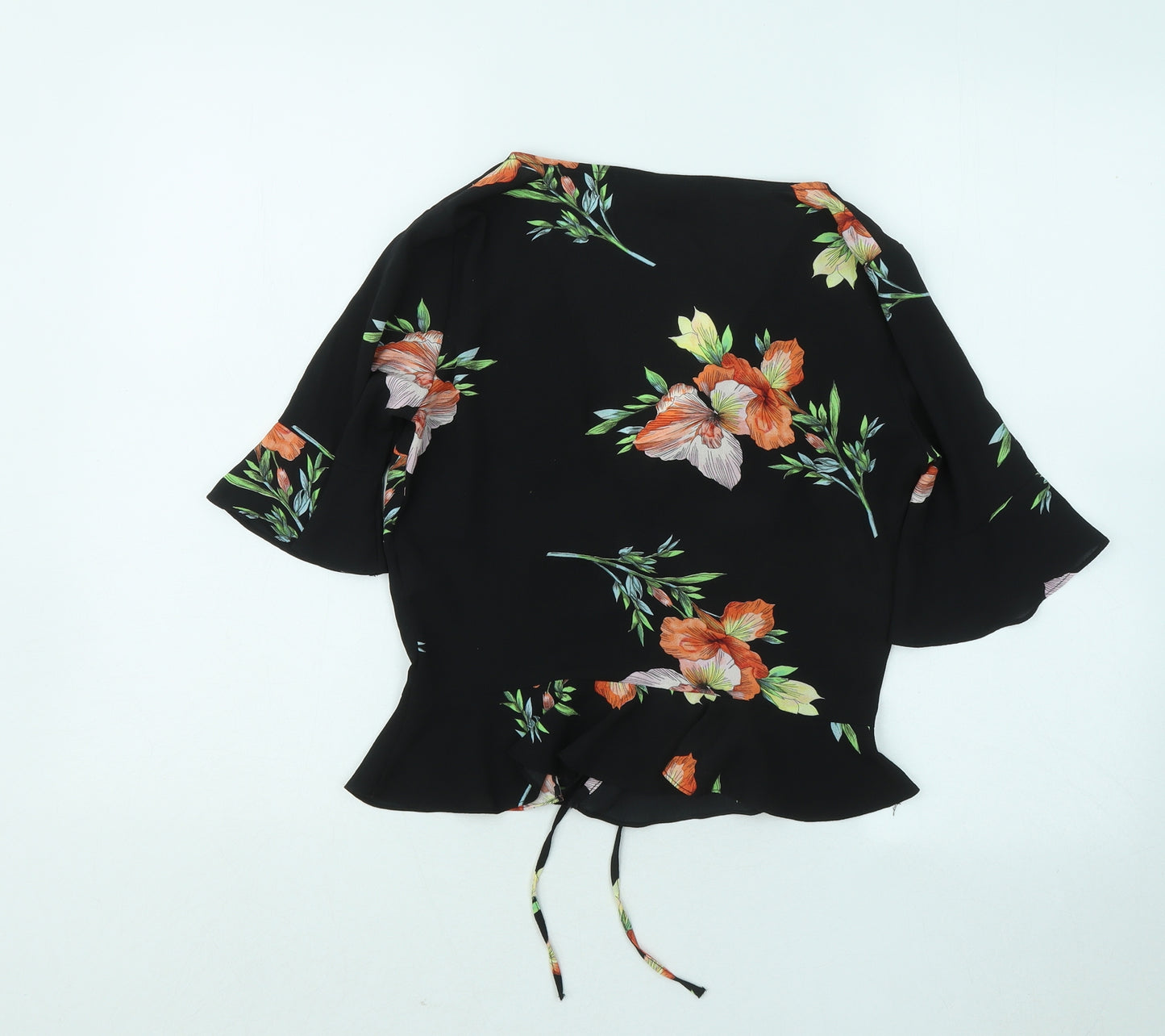 Topshop Womens Black Floral Polyester Basic T-Shirt Size 8 V-Neck