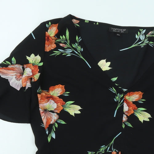 Topshop Womens Black Floral Polyester Basic T-Shirt Size 8 V-Neck