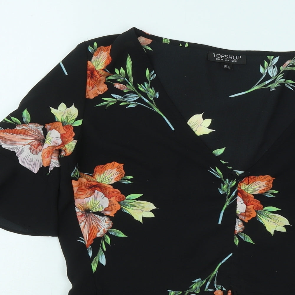 Topshop Womens Black Floral Polyester Basic T-Shirt Size 8 V-Neck
