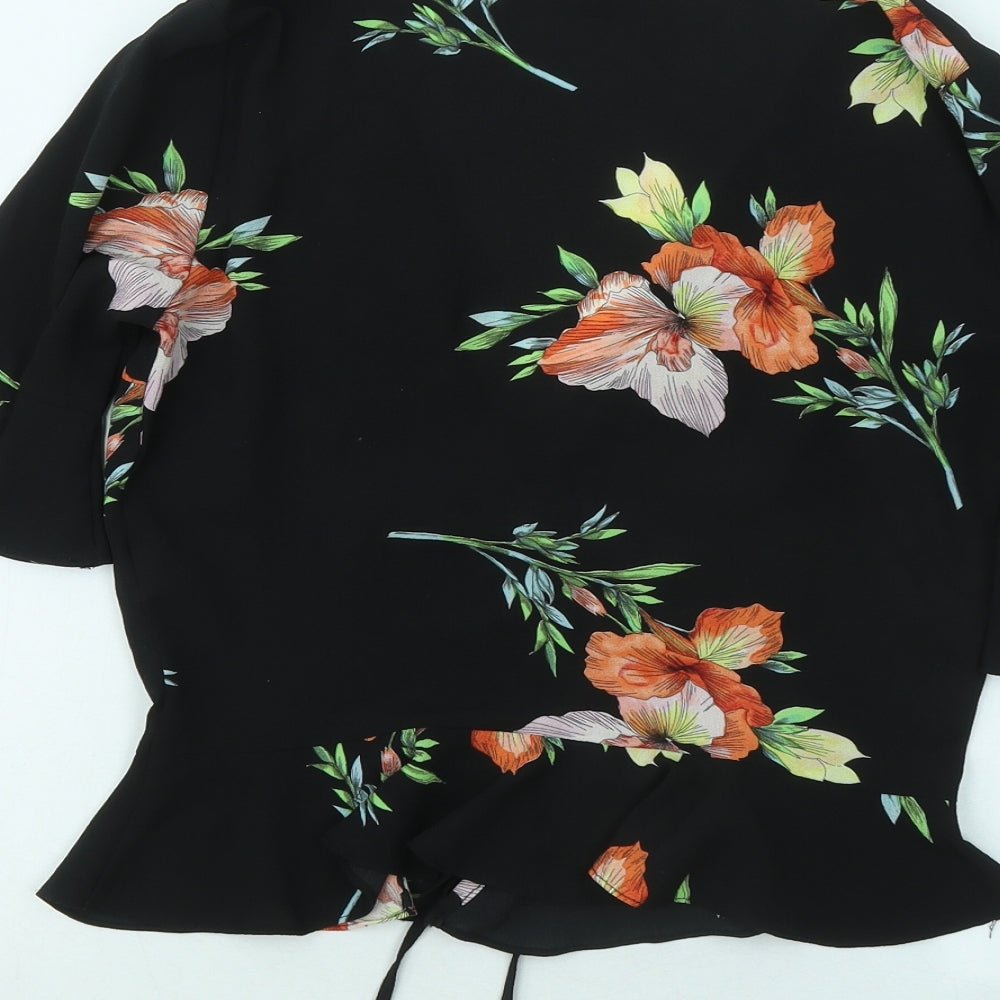 Topshop Womens Black Floral Polyester Basic T-Shirt Size 8 V-Neck