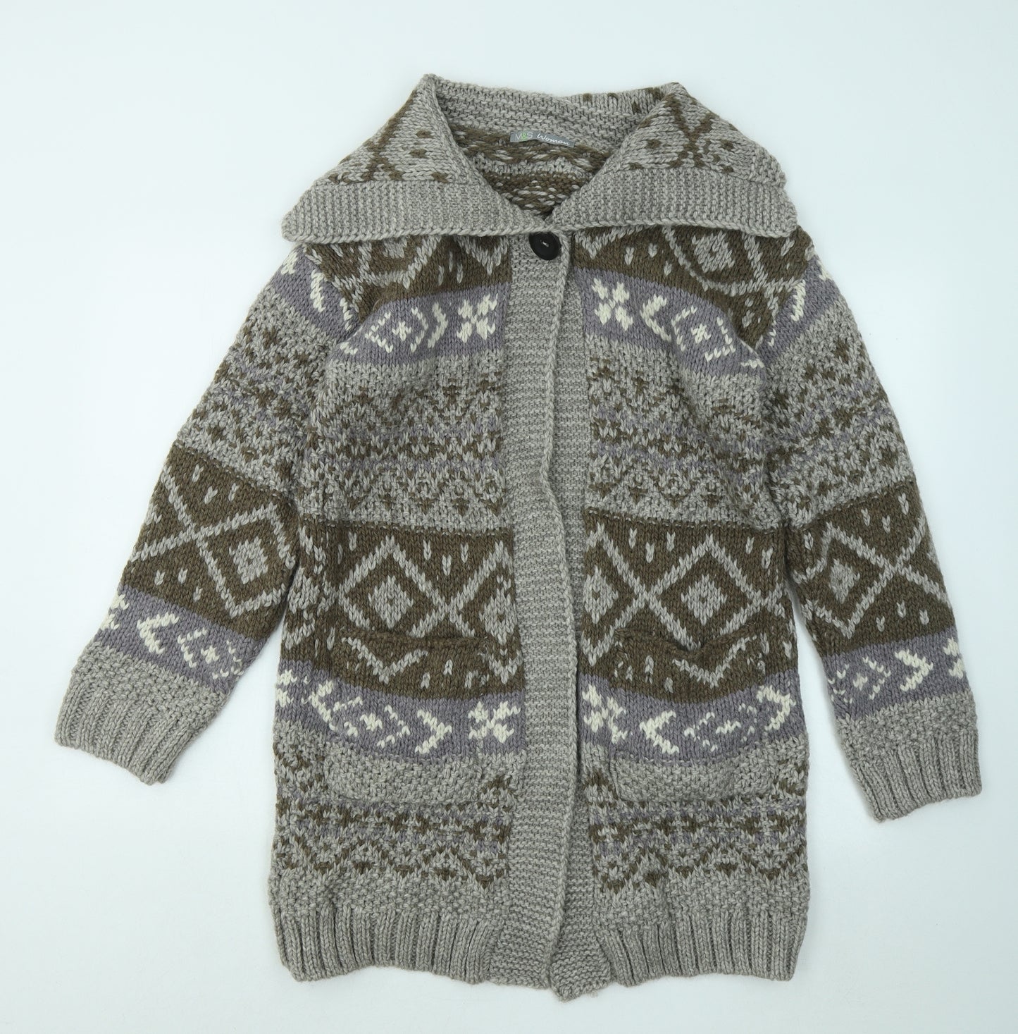 Marks and Spencer Womens Multicoloured Collared Geometric Acrylic Cardigan Jumper Size M