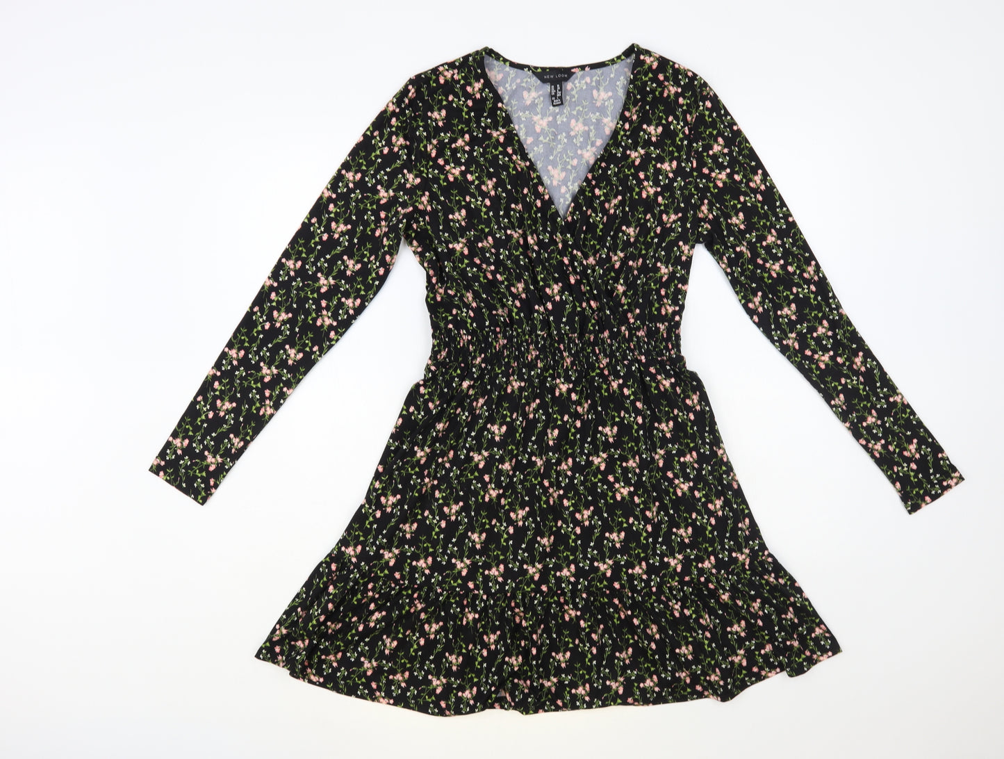 New Look Womens Black Floral Polyester Fit & Flare Size 10 V-Neck Pullover