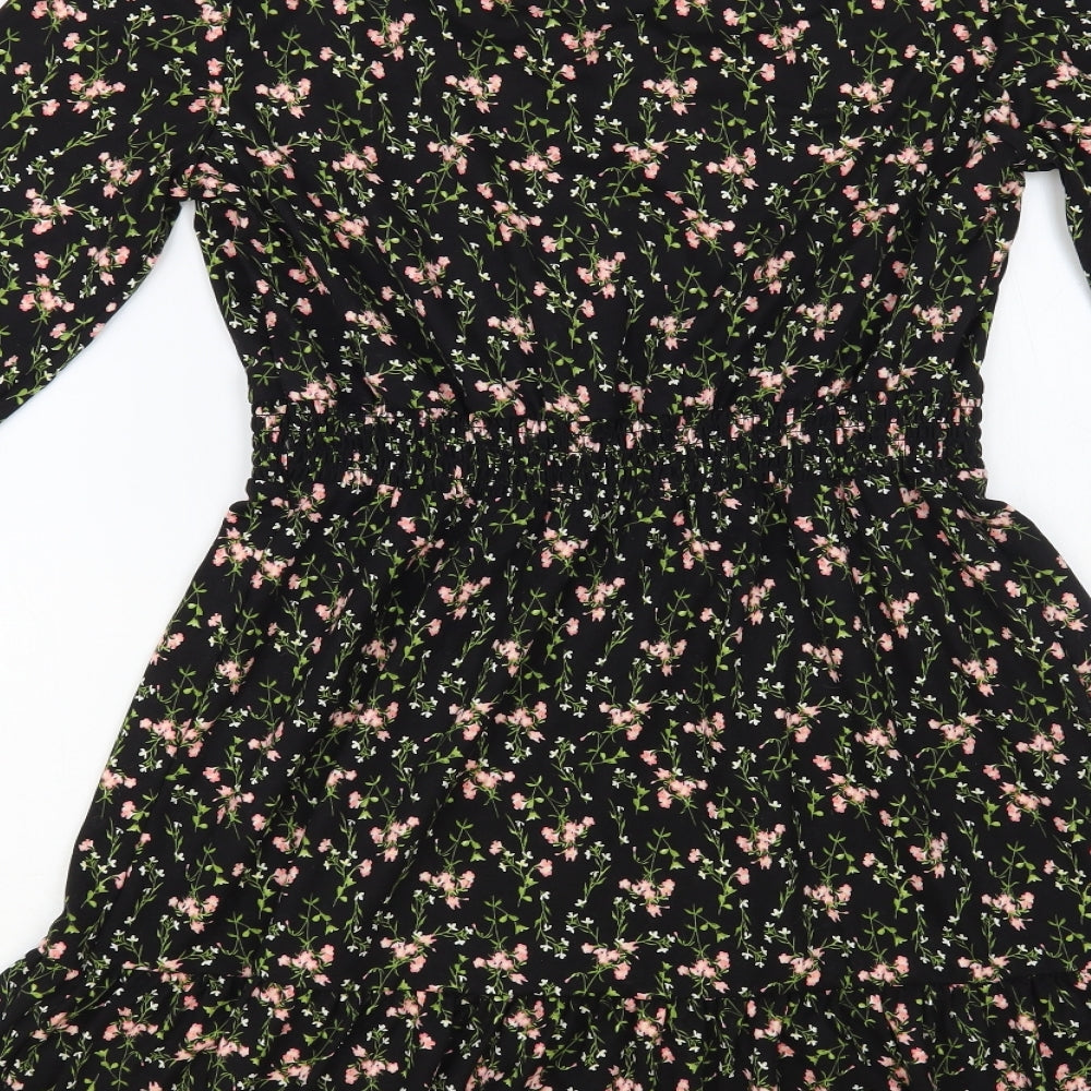 New Look Womens Black Floral Polyester Fit & Flare Size 10 V-Neck Pullover