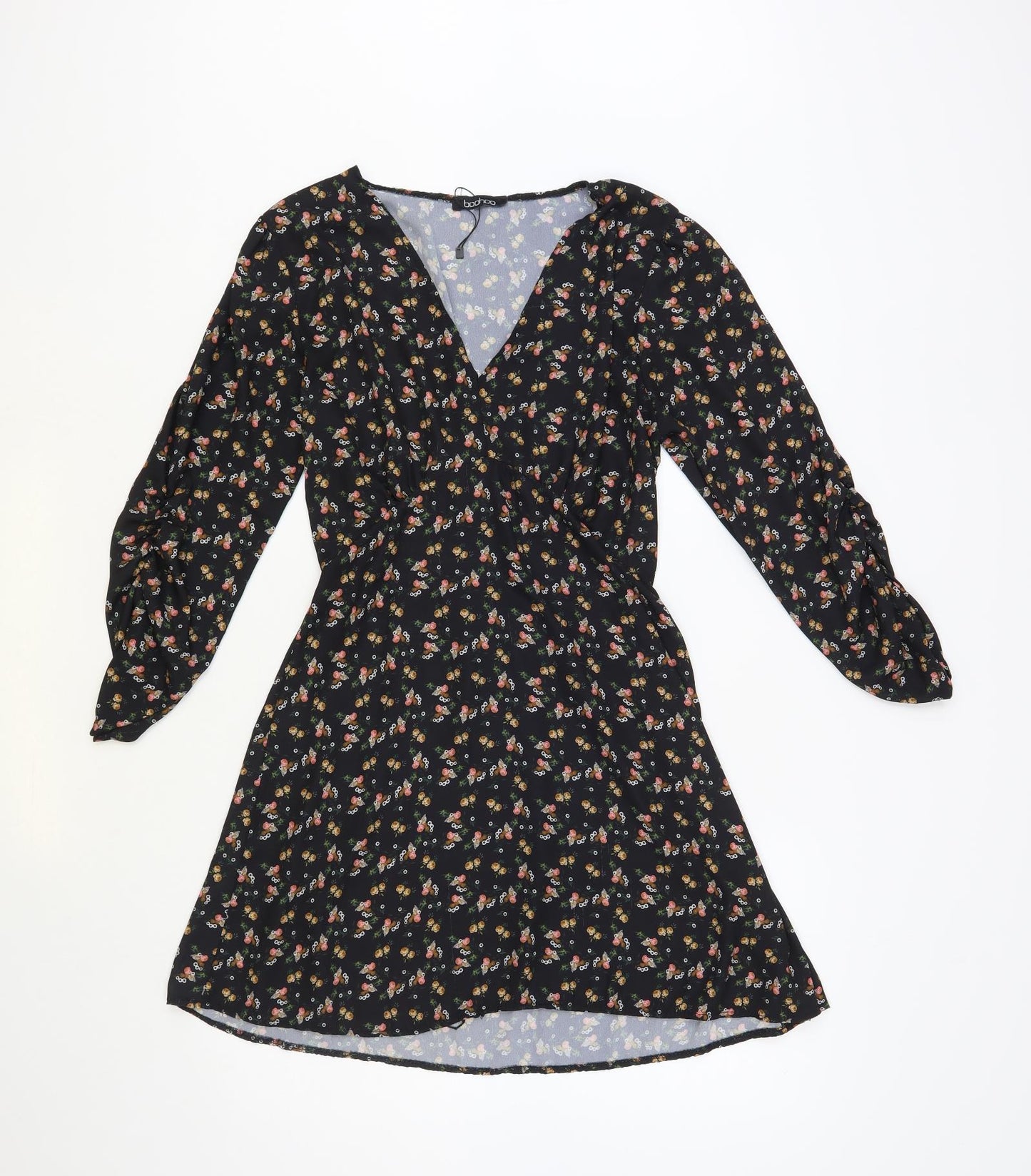 Boohoo Womens Black Floral Polyester Fit & Flare Size 12 V-Neck Pullover