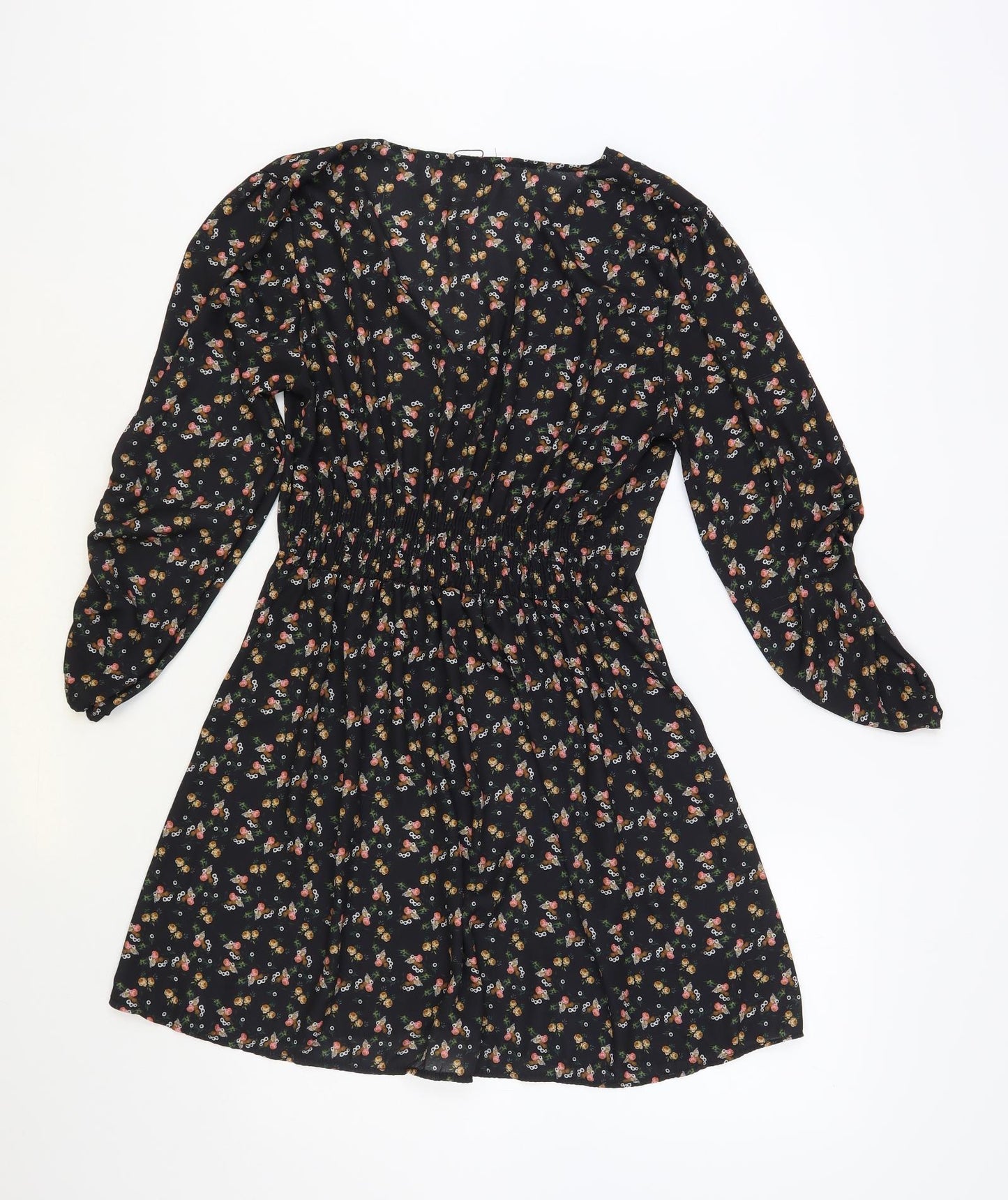 Boohoo Womens Black Floral Polyester Fit & Flare Size 12 V-Neck Pullover