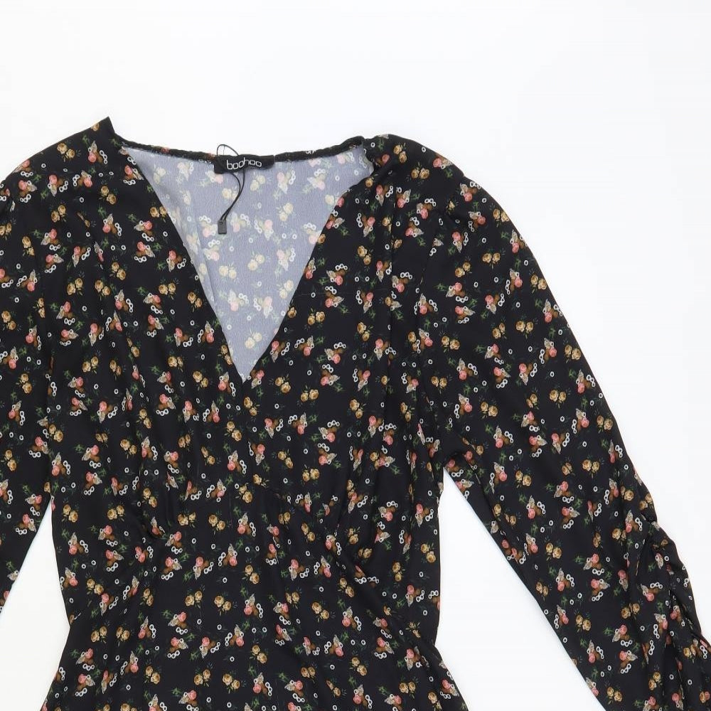 Boohoo Womens Black Floral Polyester Fit & Flare Size 12 V-Neck Pullover