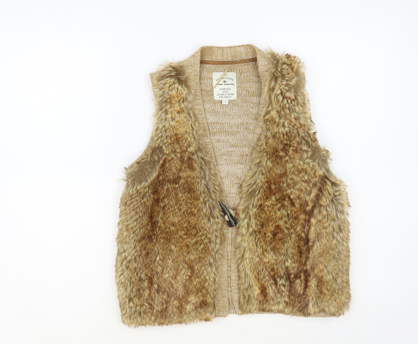 TOM TAILOR Womens Beige Gilet Waistcoat Size S Button - Faux Fur