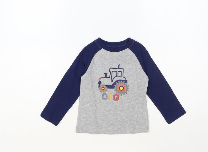 M&Co Baby Grey Colourblock Cotton Pullover T-Shirt Size 9-12 Months Crew Neck Pullover - Tractor