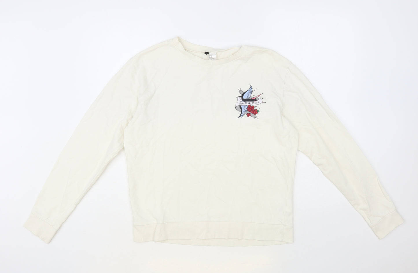H&M Womens Ivory Cotton Pullover Sweatshirt Size M - No Bad Vibes