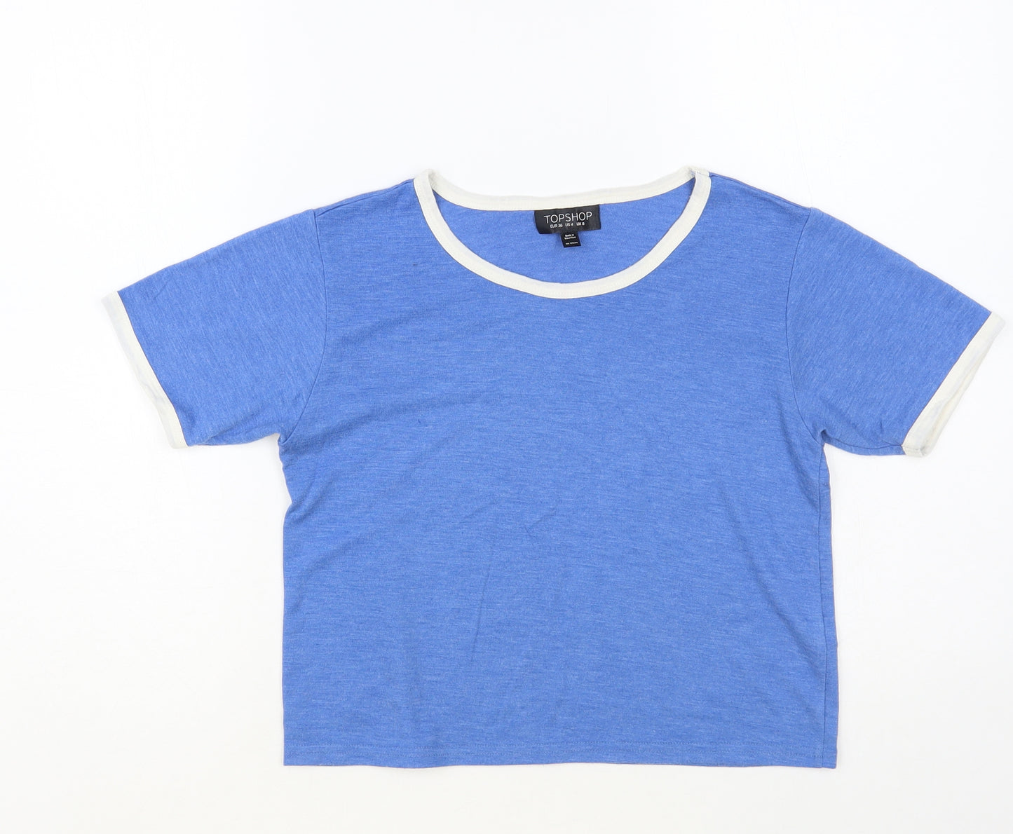 Topshop Womens Blue Polyester Cropped T-Shirt Size 8 Round Neck