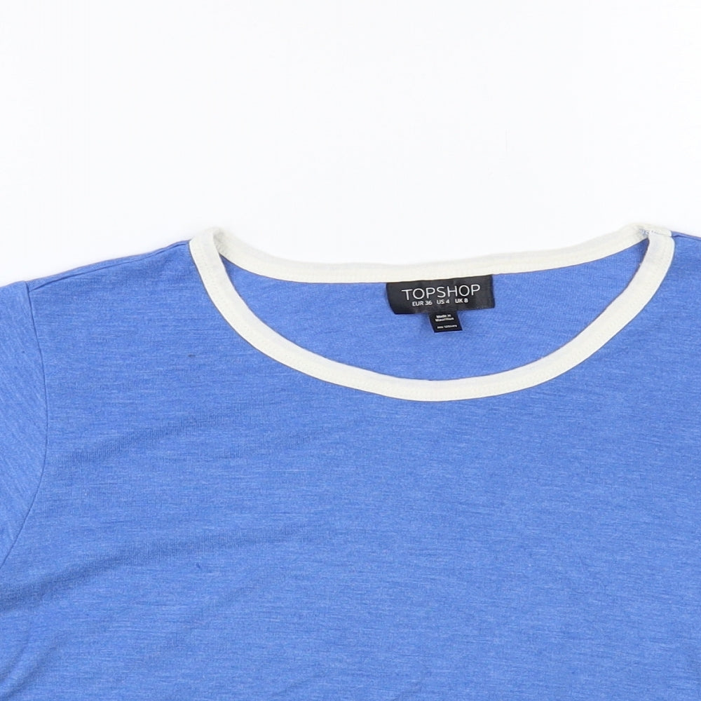 Topshop Womens Blue Polyester Cropped T-Shirt Size 8 Round Neck
