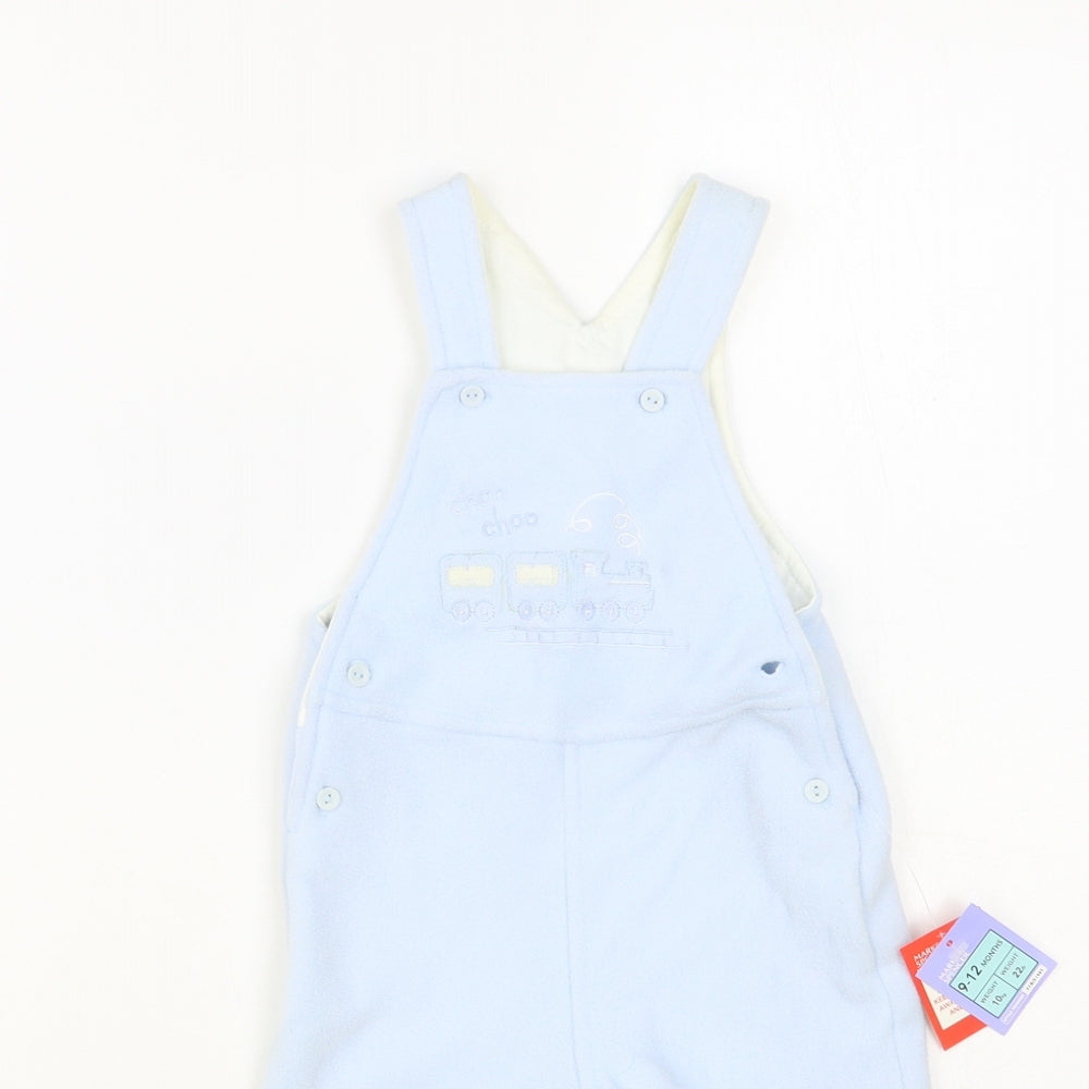 Marks and Spencer Baby Blue Polyester Dungaree Outfit/Set Size 9-12 Months Snap - Train