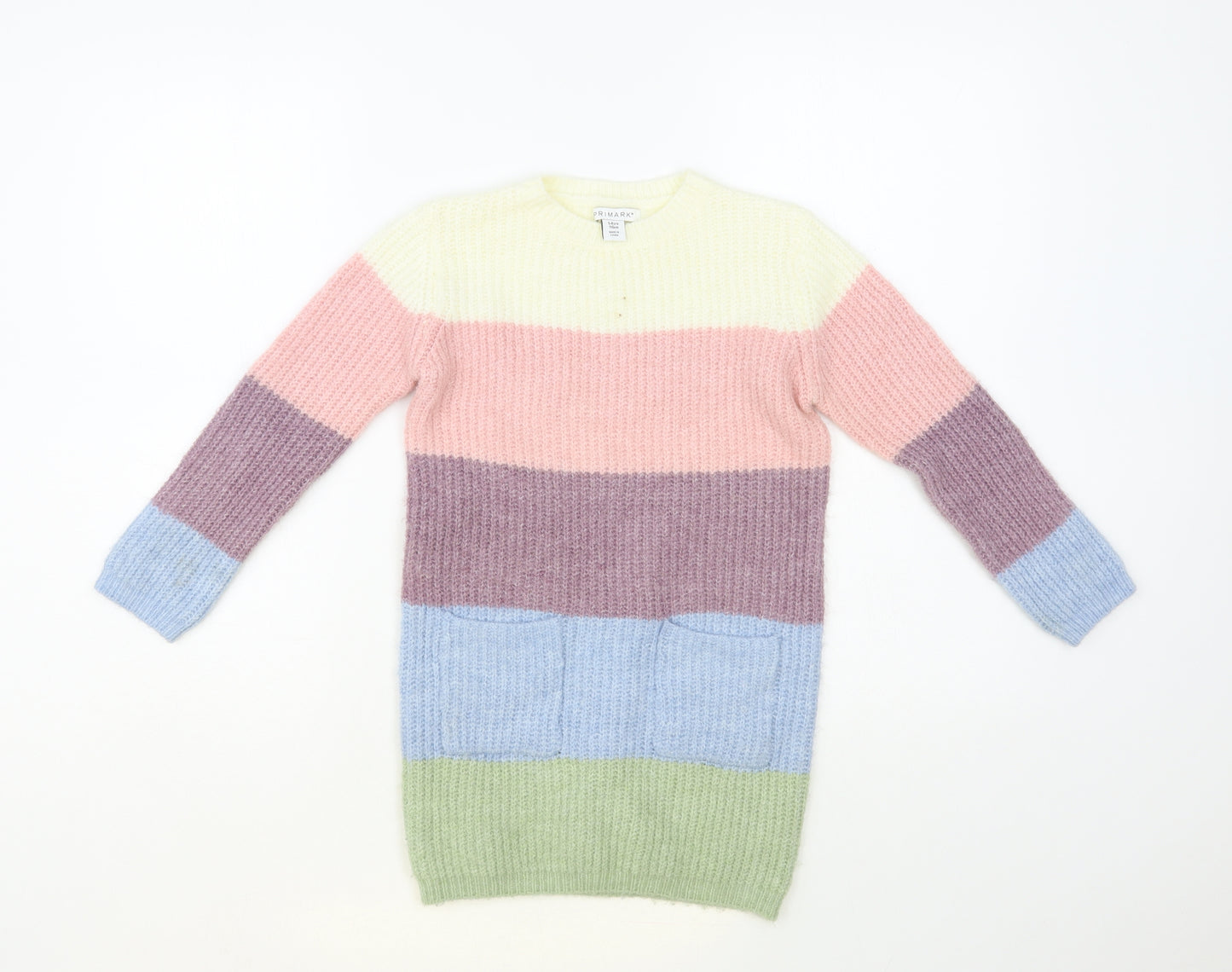 Primark Girls Multicoloured Crew Neck Colourblock Acrylic Tunic Jumper Size 5-6 Years Pullover