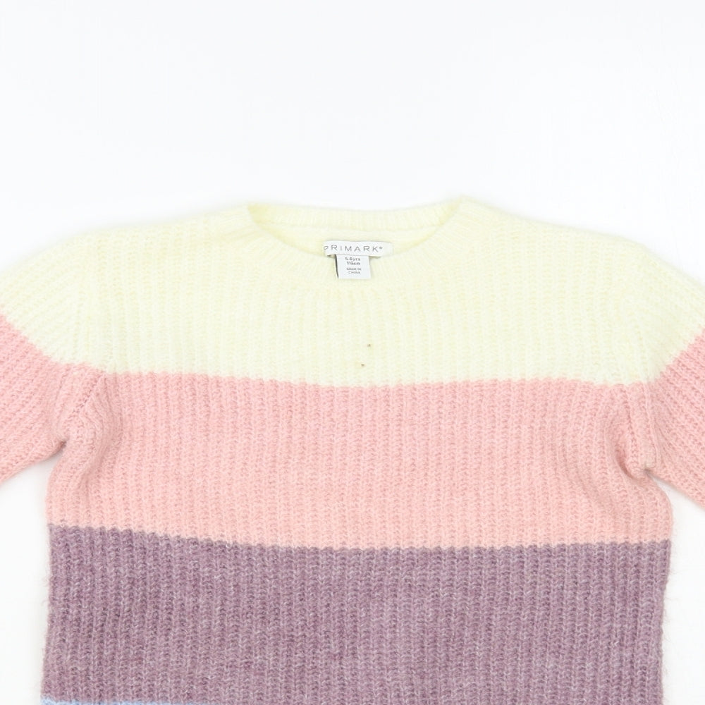 Primark Girls Multicoloured Crew Neck Colourblock Acrylic Tunic Jumper Size 5-6 Years Pullover