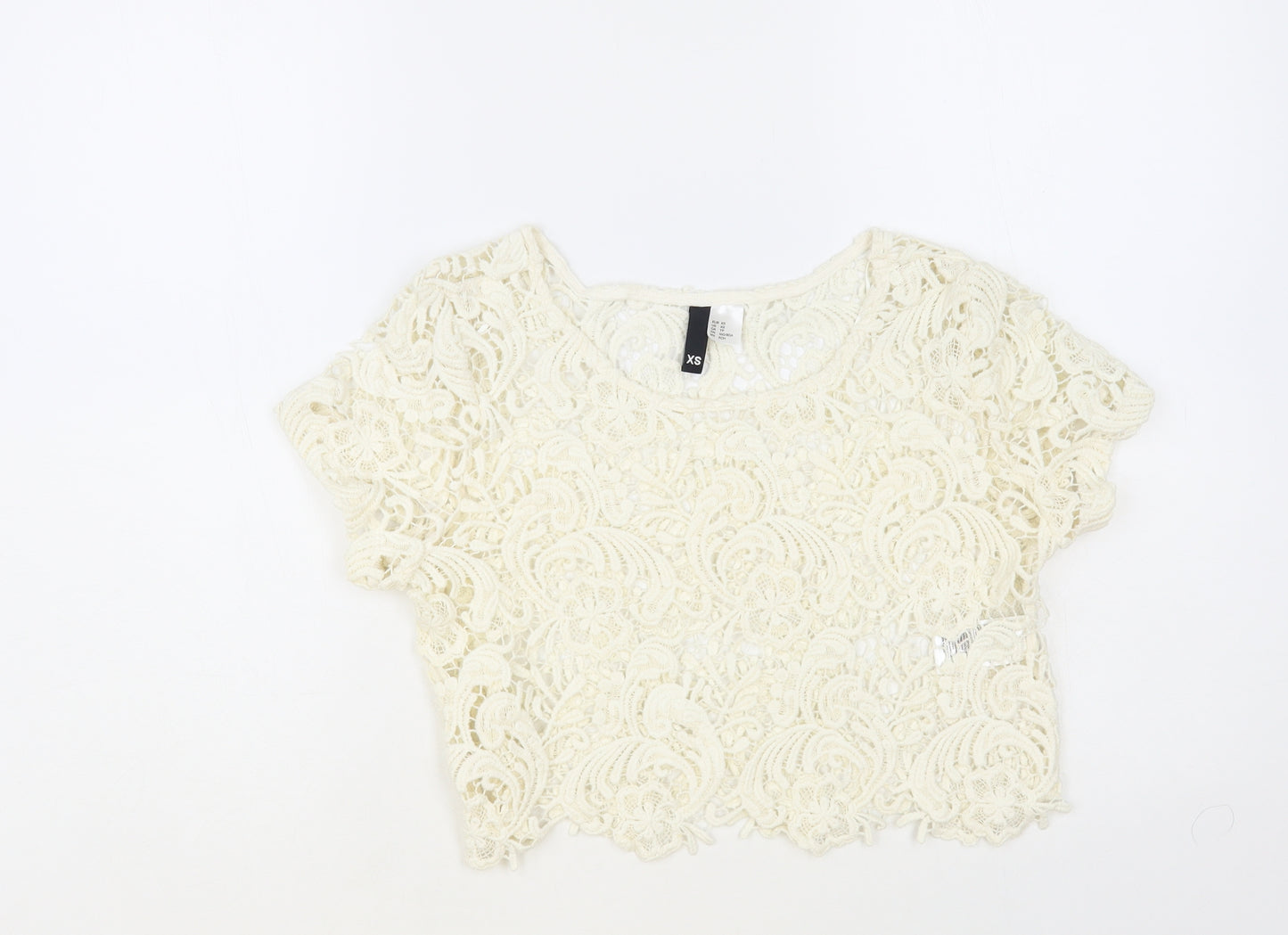 H&M Womens Ivory Floral Cotton Cropped Blouse Size XS Boat Neck