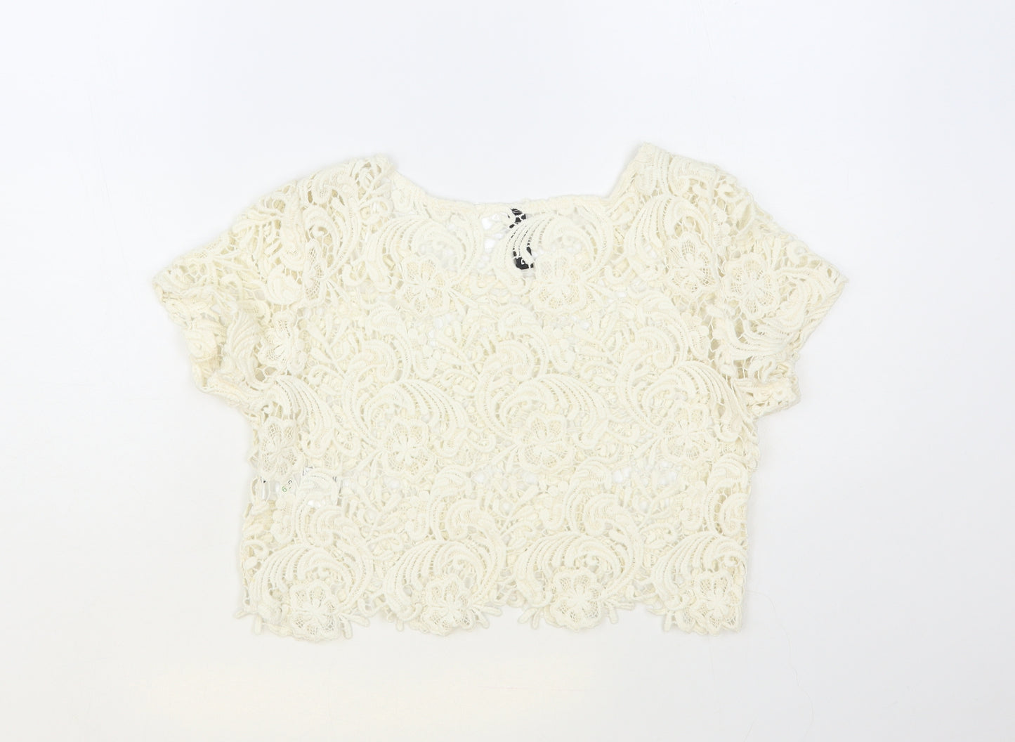 H&M Womens Ivory Floral Cotton Cropped Blouse Size XS Boat Neck