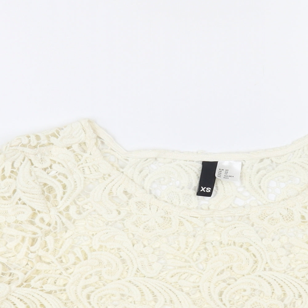 H&M Womens Ivory Floral Cotton Cropped Blouse Size XS Boat Neck