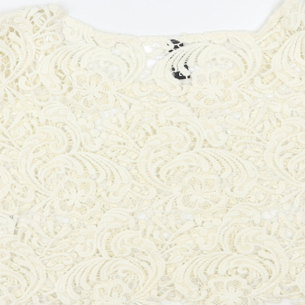 H&M Womens Ivory Floral Cotton Cropped Blouse Size XS Boat Neck