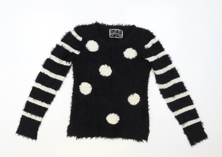 Dunnes Stores Womens Black Round Neck Striped Polyester Pullover Jumper Size S