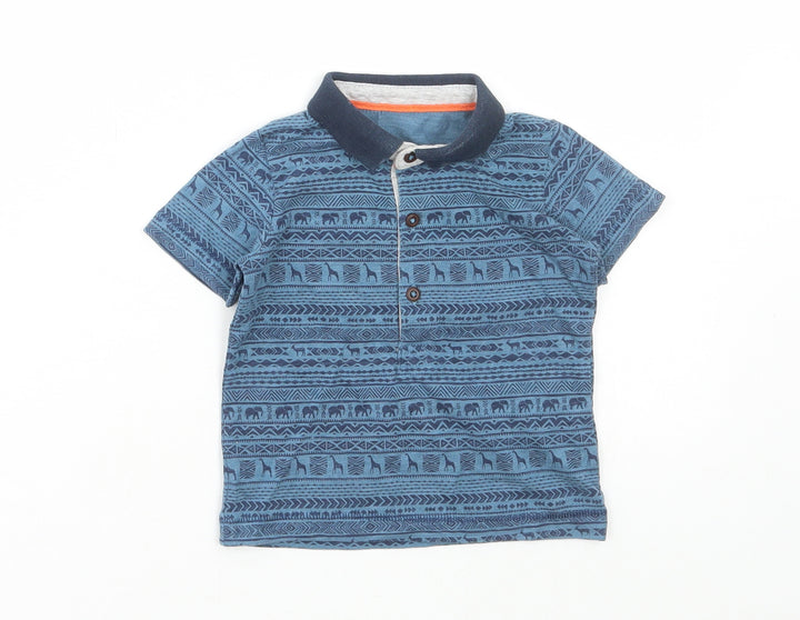 Matalan Boys Blue Geometric Cotton Pullover Polo Size 3-6 Months Collared Button - Animal print