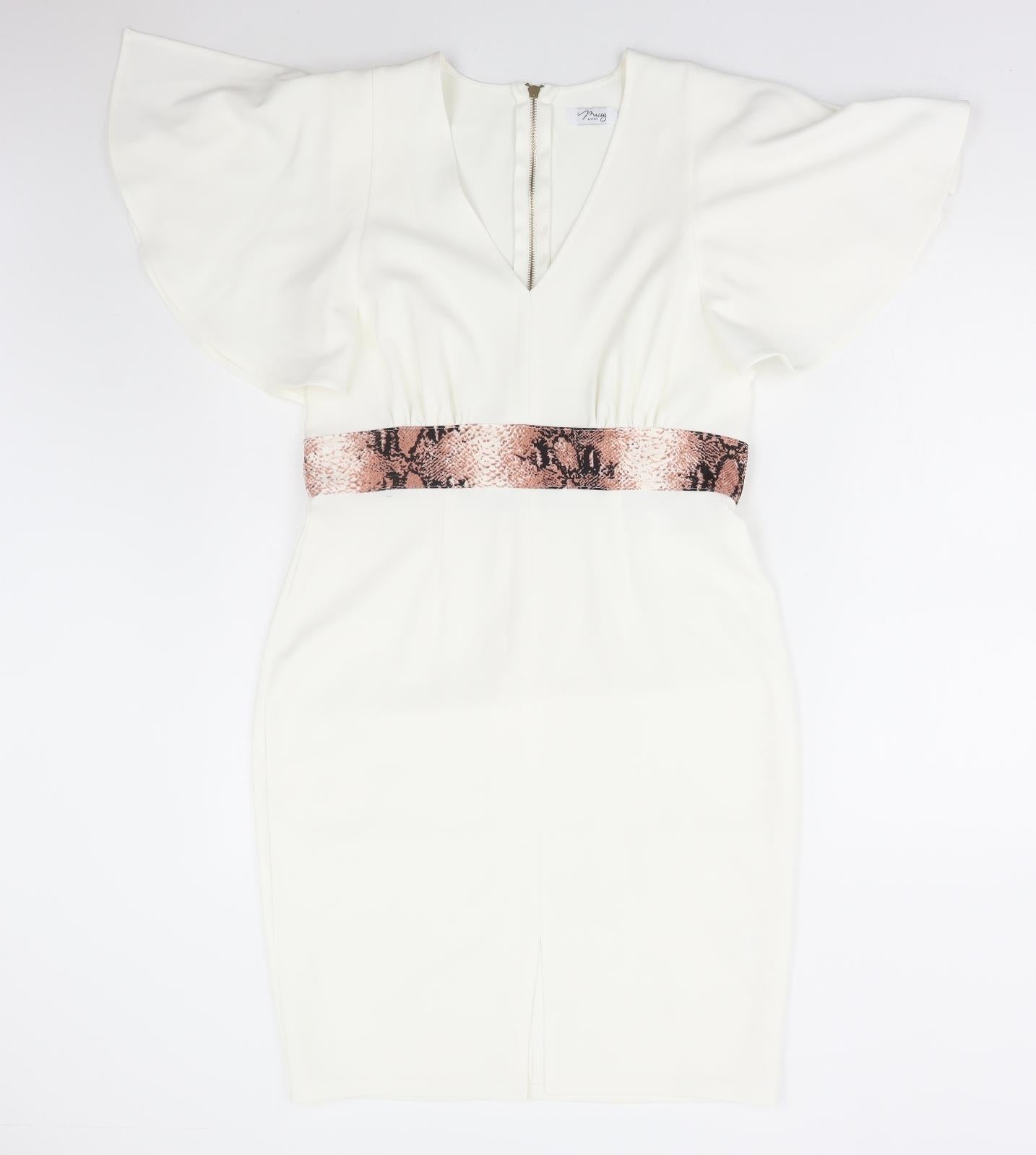 Maisy Boutique Womens White Animal Print Polyester Pencil Dress Size 12 V-Neck Zip