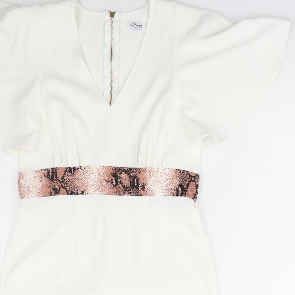 Maisy Boutique Womens White Animal Print Polyester Pencil Dress Size 12 V-Neck Zip