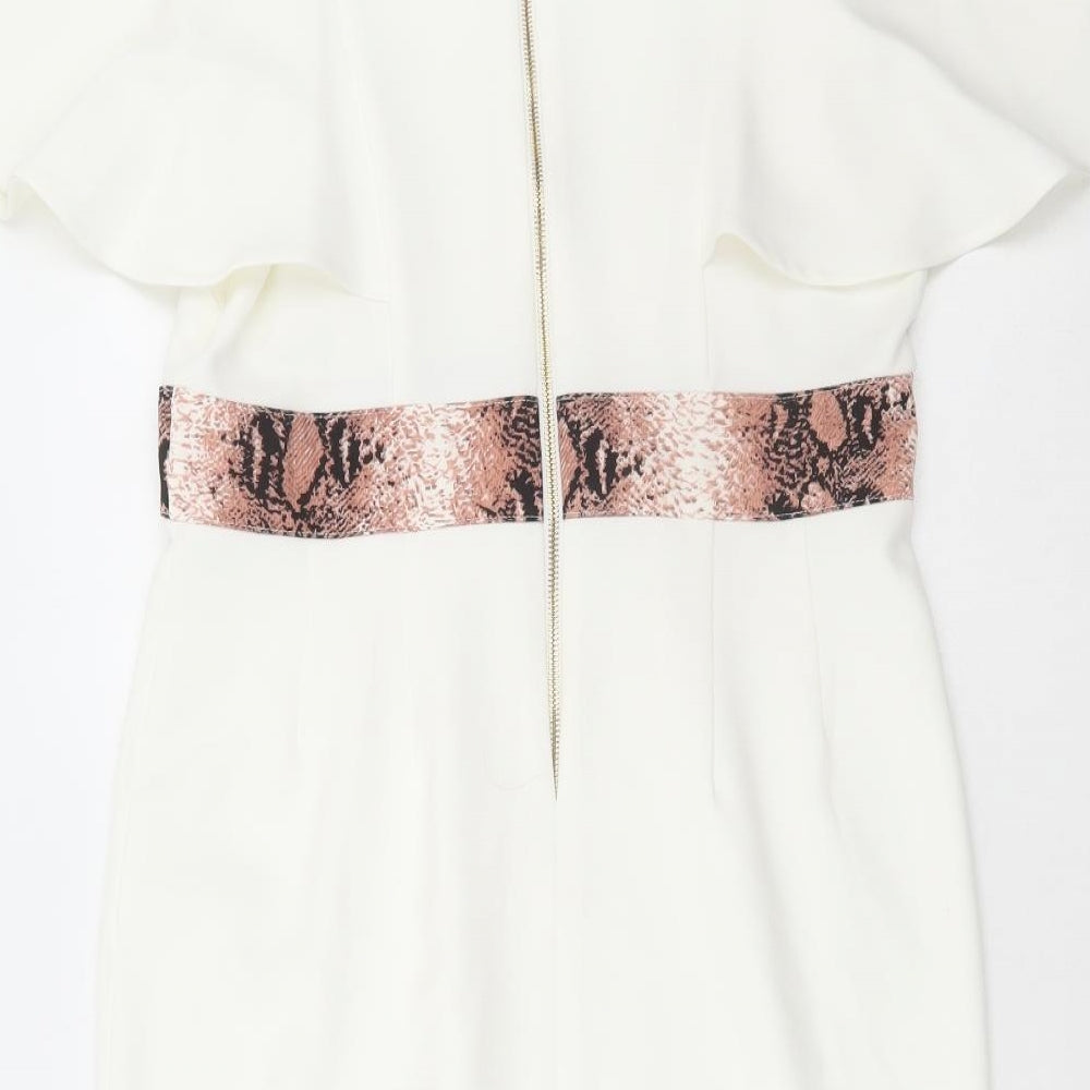 Maisy Boutique Womens White Animal Print Polyester Pencil Dress Size 12 V-Neck Zip