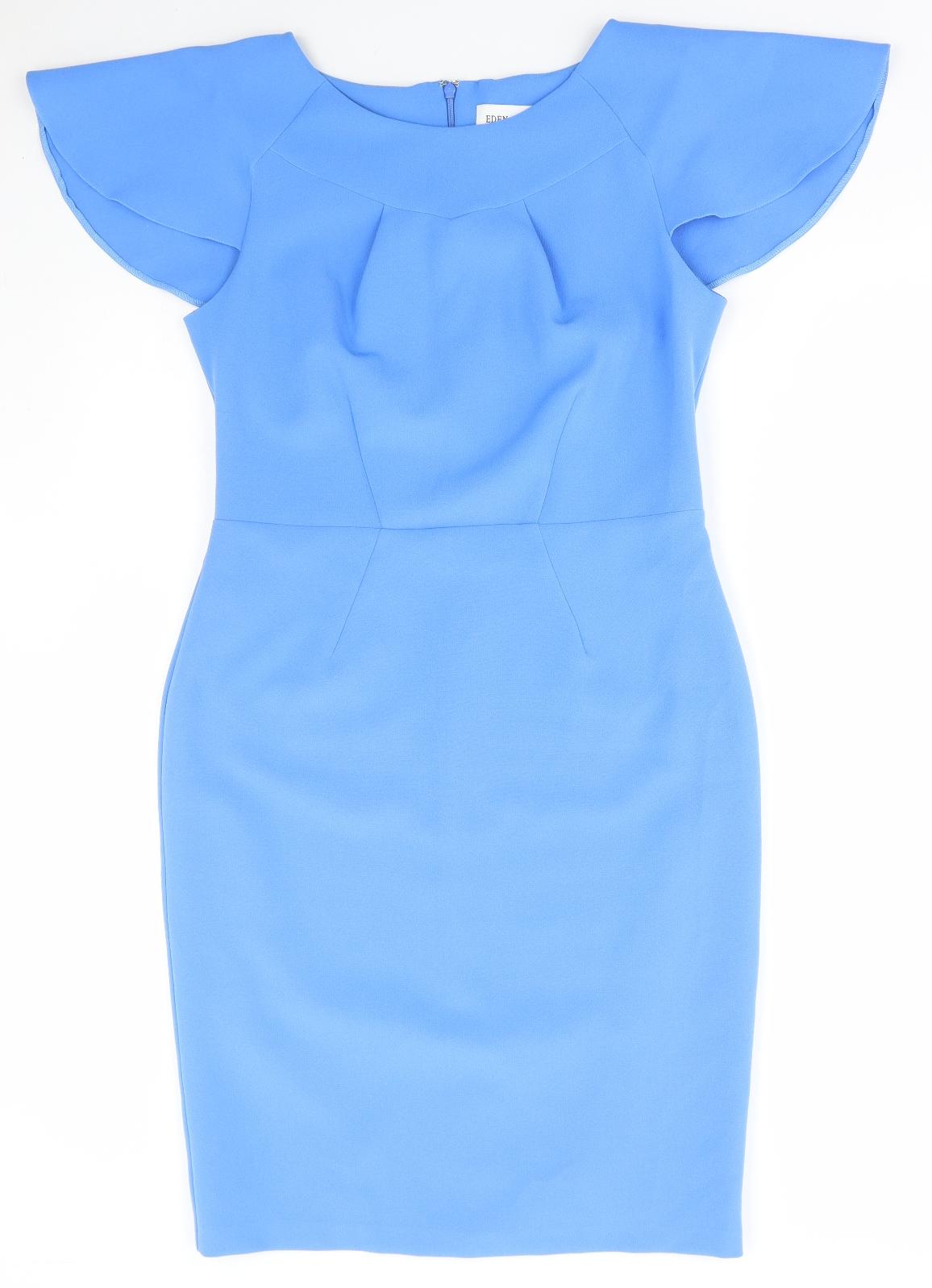 Eden Row Womens Blue Polyester Pencil Dress Size 14 Round Neck Zip