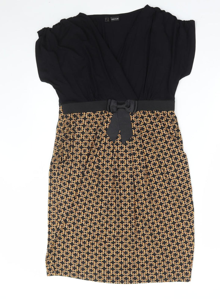 Body Flirt Womens Black Geometric Viscose Bodycon Size S V-Neck Pullover
