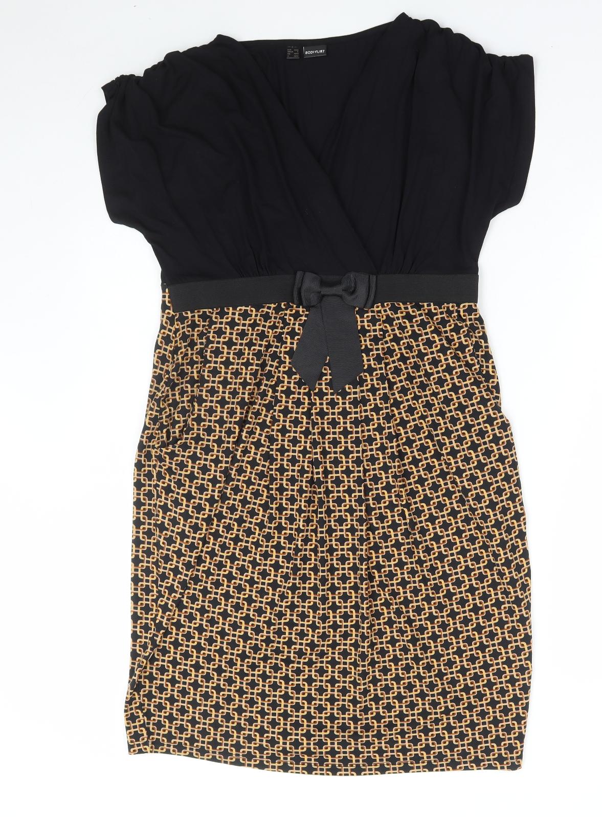 Body Flirt Womens Black Geometric Viscose Bodycon Size S V-Neck Pullover