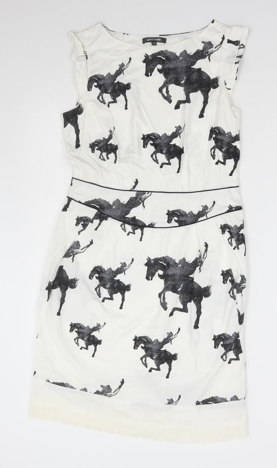 Emily and Fin Womens White Geometric Cotton Pencil Dress Size M Round Neck Zip - Horse Print