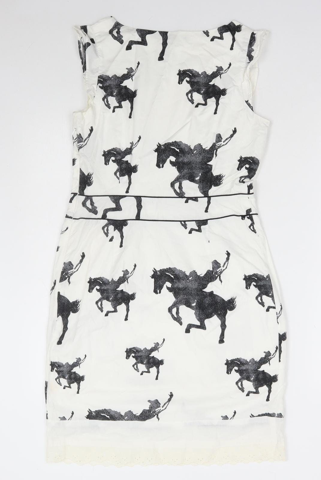 Emily and Fin Womens White Geometric Cotton Pencil Dress Size M Round Neck Zip - Horse Print